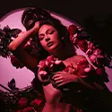 Monochromatic Boudoir, witha woman bathed in red light while holding roses across her chest and head.